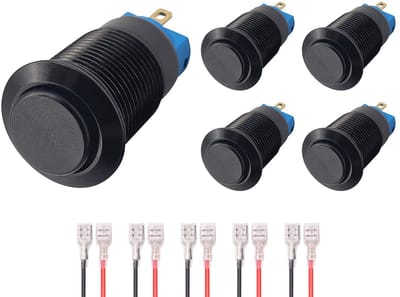 ProRide Mini Pulsschakelaar Normally Open - 12mm Metaal - 12V/24V - Bolle Knop - Met Kabels - Zwart - 5 stuks