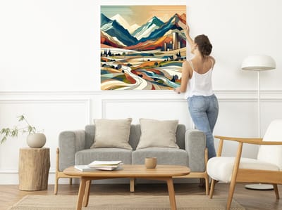Modern landschap schilderij | Visie op de toekomst: Hedendaags landschap in abstracte harmonie | Kunst - 100x100 centimeter op Canvas | Foto op Canvas