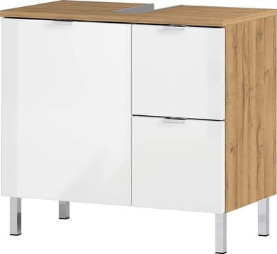 Wastafelonderkast 60 cm - Grandson Eiken & Wit Hoogglans - Badmeubel met Sifonuitsparing