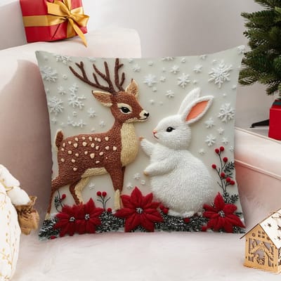 Linnen Kerst Kussensloop Met Hert En Konijn Borduurwerk - Kerstkussen - Boerderij Stijl Woonkamer Decoratie - 45x45 Cm - Decoratief Sofa Kussen - Feestdagen Herfst Winter Woonaccessoires