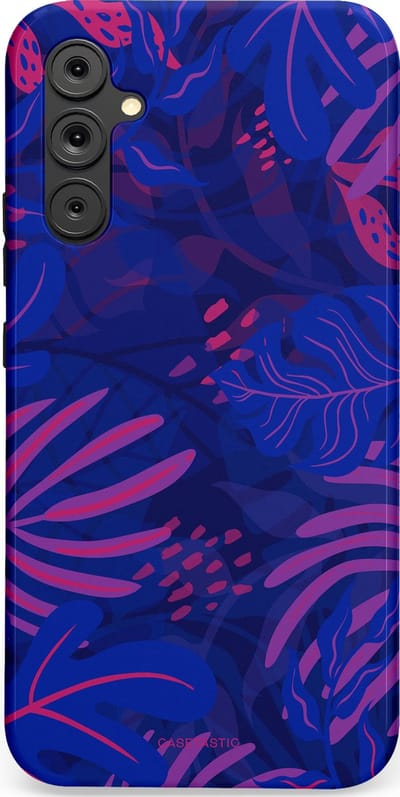 Casetastic hoesje geschikt voor Samsung Galaxy A34 (2023) 5G - Dubbellaagse bescherming - Neon jungle blad - Fashion Case - Donkerblauw Lavendel Roze