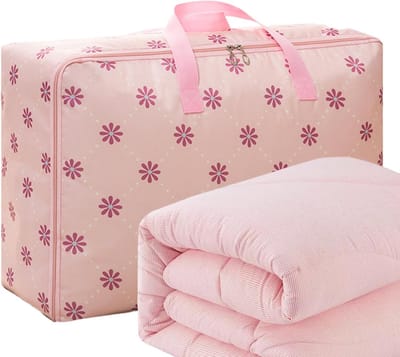 Donsdeken Opbergtas - Dekbed Opbergzak - Ruimte Besparen - Versterkt Draagvermogen - 55x33x20cm - Roze Zon