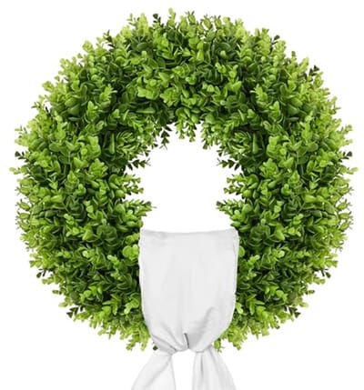 Kunststof Buxuskrans voor de Deur - Lente Zomer Groene Hangdecoratie met Geruite Strik