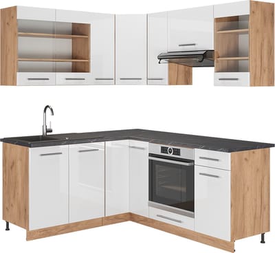 Vicco Hoekkeuken Fame-Line, Wit Hoogglans/Goudkleurig Eiken, 190 x 160 cm, WB Antraciet
