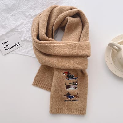 Eenvoudig Geborduurd Dashond Hond Gebreide Warme Sjaal Winter Vrouw Hoge Kwaliteit Wikkel Pashmina Stola Bufandas Hijab Nekwarmer beige