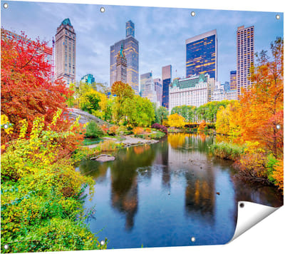 Gards Tuinposter Kleurrijke Central Park tijdens de Herfst - 120x90 cm - Tuindoek - Tuindecoratie - Wanddecoratie buiten - Tuinschilderij