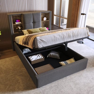 SINGULARITY-Eenpersoonsbed met draadloos opladen USB C- gestoffeerd bedframe 90x200cm- bedframe met opbergruimte lattenbodem grijs met matras