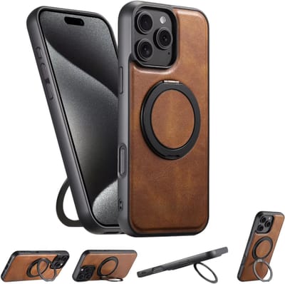 Hoesje met Ringstandaard Geschikt voor iPhone 17 – Draadloos Opladen – Draaibare Ring – PU Leren Telefoonhoes - Bruin