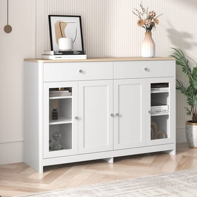 Wishdor Dressoir - Landelijke Kast - 120x37x80 cm - Wit met Houtkleur Bovenblad - met 2 Glazen Deuren en 2 Lades - Verstelbare Planken