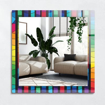 Wallfluent Spiegel - Kleurrijke Strepen Van Gebrandschilderd Glas Spiegel op gehard Glas - 60x60 cm - Kleurrijk Vierkante Spiegel - Spiegel met een sierlijk motief - Badkamerspiegel - Gangspiegel - Eetkamer - Make-up Spiegel - Woonaccessoires