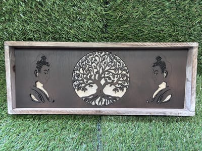 HOUTEN DIENBLAD MET LASER GESNEDEN INLEG TREE OF LIFE EN BUDDHA