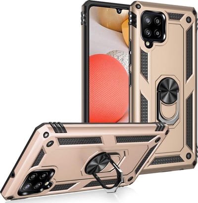 HB Hoesje Geschikt voor Samsung Galaxy A42 5G Goud - Anti-Shock Hybrid Armor Back Cover - Hoes met Kickstand Ring