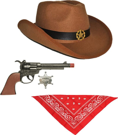 Boland - Carnaval verkleed set cowboyhoed bruin - rode zakdoek en pistool