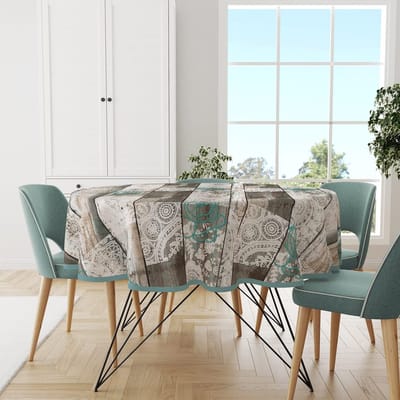 Tafelzeil /Tafelzeil houten planken met kant print 160 cm rond - TuinTafelzeil - Houtlook