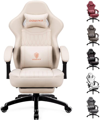 Dowinx Gaming Stoel - Gamestoel - Verstelbaar in Hoogte - Ergonomische Gaming Chair met Voetsteun - Pocketvering - Kunstleer - Beige
