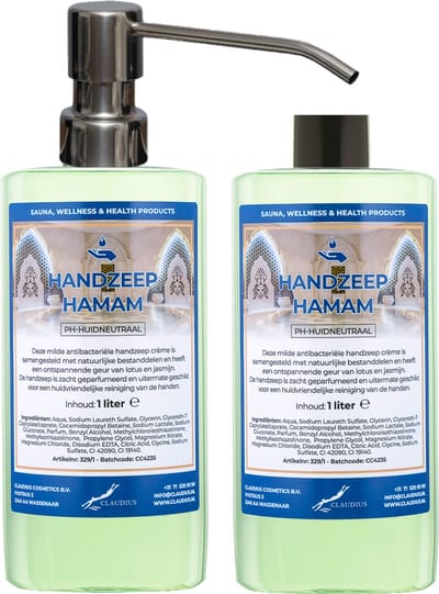 Handzeep Hamam 500 ml - set van 2 stuks - met gratis RVS zilverkleurige pomp - Voordeelverpakking