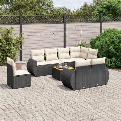 vidaXL - 9-delige - Loungeset - met - kussens - poly - rattan - zwart