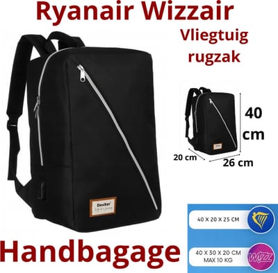 Reisrugzak 40x20x25 cm-handbagage-vliegtuig-WIZZAIR-RYANAIR- 20L -reizen-werk-dagelijks gebruik-lichtgewicht-reistas-weekendtas-zwart-vakantie
