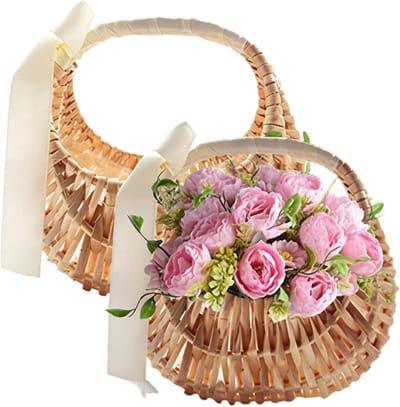 Bloemenmeisjesmand Set - Rieten Mandjes - Bruiloft Decoratie - Met Lint Handvat - Set van 2 - Kaki