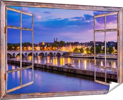 Gards Tuinposter Doorkijk Maastricht Maas Rivier bij de Sint Servaasbrug - 180x120 cm - Tuindoek - Tuindecoratie - Wanddecoratie buiten - Tuinschilderij