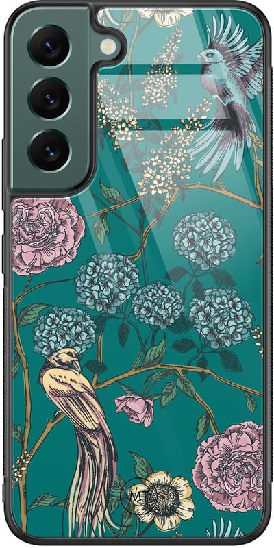 Hoesje geschikt voor Samsung Galaxy S22 - Vogels Japanse bloemen - Hard Case Zwart Back Cover - Print - Groen - Mooie Telefoonhoesjes