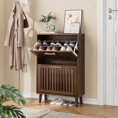 Wishdor Ultrasmalle Schoenenkast - 2 Kantellades - Ademend Latten Design - Massief Houten Poten - 60x24x93 cm - Walnoot