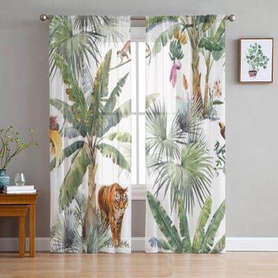 Jungle Tropical Safari Animal Éléphant Rideaux Fenêtre Transparents Pour Salon Chambre Voile Tulle Rideaux Draps Pour Cuisine W50H130(CM)x2pcs&Grommet Top white