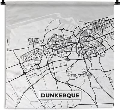 Wandkleed - Wanddoek - Stadskaart - Plattegrond - Dunkerque - Kaart - Frankrijk - Zwart wit - 180x180 cm - Wandtapijt