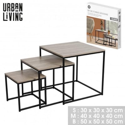 Urban Living Bijzettafels/salontafels Loft - set van 3 - zwart - metaal/hout - vierkant - Koffietafels