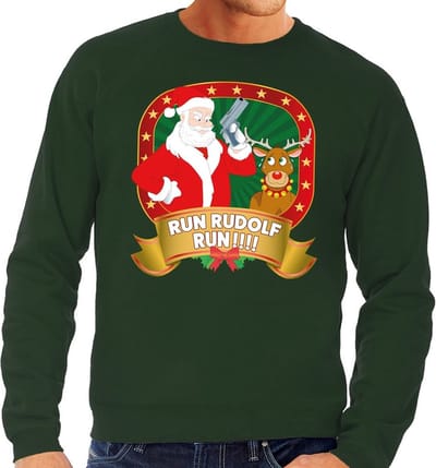 Foute kersttrui / sweater - groen - Kerstman Run Rudolf Run heren S