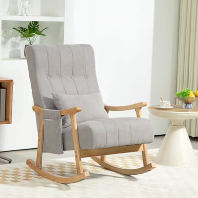 Schommelstoel - Gestoffeerde Relaxfauteuil Met Lendenkussen En Zijvak - Voor Woonkamer En Slaapkamer - Houten Frame - Grijs