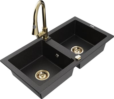 Mexen Mario granieten gootsteen 2-kamer met keukenkraan Elia, zwart/zilver metallic - 6504-73-670101-50