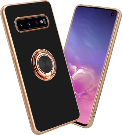 Cadorabo Hoesje geschikt voor Samsung Galaxy S10 PLUS in Glossy Zwart - Goud met ring - Beschermhoes van flexibel TPU-silicone Case Cover met camerabescherming en magnetische autohouder