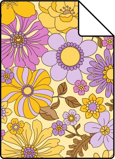Proefstaal ESTAhome behang retro bloemen geel en paars - 26.5 x 21 cm - 131807-S