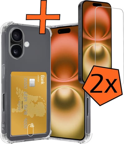 Hoes - Geschikt voor Apple iPhone 16 - Met 2x Screenprotector - Pashouder - Kaarthouder - Telefoon Hoesje Shockproof - Siliconen Case - Back Cover - Shock Proof - Pasjes Houder - Transparant