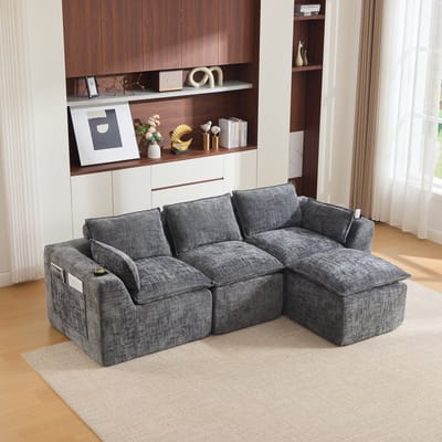OKWISH Hoekbank 256 x 161 cm - Modulair 3-Zits Met Hocker En Zijvakken - Woonkamer - Chenille - Donkergrijs