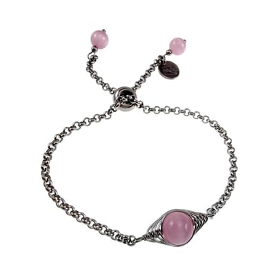 Armband Dames - Gepolijst RVS - Ronde Schakelarmband met Roze Kattenoogsteen - Verstelbaar met Schuifsluiting 15 tot 20cm