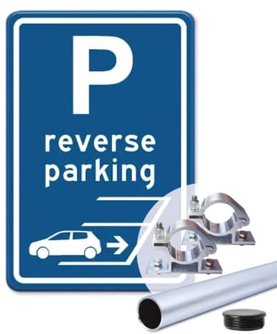 Parkeerbord Reverse Parking - blauw - Weerbestendig Aluminium - 30x45 cm - Bevestiging: Met paal 150 cm + paalbeugels + paaldop