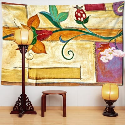 Gele Bloemen Chinese Inkt Wandtapijt Wandmontage Boheemse Stijl Tapiz Mandala Hekserij Indoor Huisdecoratie 95x70cm orange