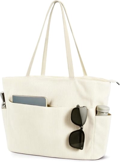 Grote corduroy schoudertas met ritssluiting en zakken voor werk, reizen, school - Dames shopper tas strandtas gymshopping.