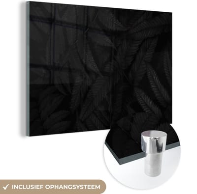 MuchoWow® Glasschilderij 150x100 cm - Schilderij acrylglas - Bladeren - Zwart - Wit - Planten - Botanisch - Foto op glas - Schilderijen