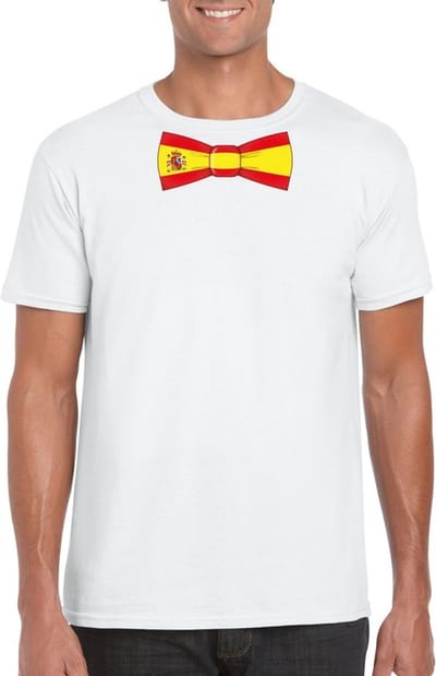 Wit t-shirt met Spaanse vlag strikje heren - Spanje supporter S