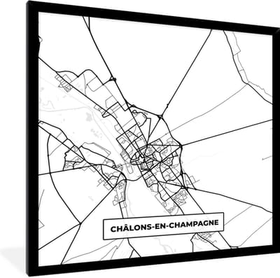 Fotolijst incl. Poster Zwart Wit- Châlons-en-Champagne - Frankrijk - Plattegrond - Stadskaart - Kaart - Zwart wit - 40x40 cm - Posterlijst
