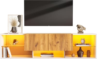 Wishdor - Tv-Meubel - 3-Laags Opbergruimte Met 2 Lades - Modern - Voor Woonkamer - Spaanplaat En Glas - Wit En Naturel - 160 X 40 X 42 Cm