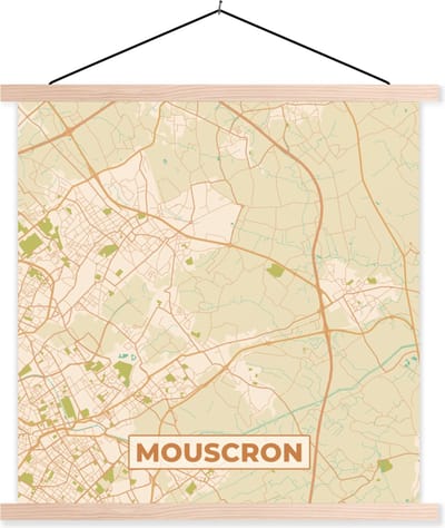 Posterhanger incl. Poster 40x40 cm - Schoolplaat - België - Kaart - Plattegrond - Mouscron - Stadskaart - Textielposter - Blanke latten - Stadskaart
