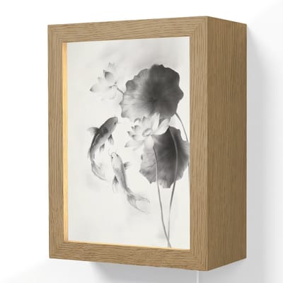 Wandlamp 15x20 cm - Oplaadbaar - Lotusbloemen - Vissen - Bladeren - Zwart - Wandlampen binnen woonkamer - Slaapkamer lamp met kabel - Decoratieve nachtlamp - Vloerlamp snoer