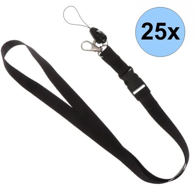 25 Zwarte Keycords - Keycord - Lanyard - Sleutelkoord - Badgehouder - 51cm - 20mm - Zwart - 25 Stuks