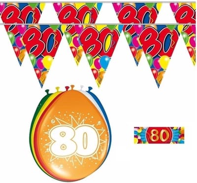 Shoppartners 80 jaar versiering set - kamer - 2x vlaggenlijnen - 8x ballonnen - sticker - leeftijd feestartikelen