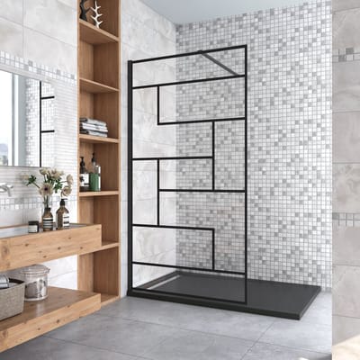 Inloopdouche 120x200cm met zwart decor,8mm Nano EasyClean veiligheidsglas + N-vorm: 140 cm Stabilisatiestang
