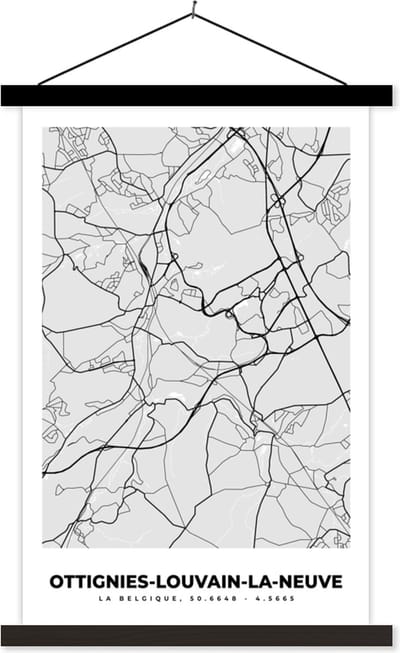 Posterhanger incl. Poster 40x60 cm - Schoolplaat - Stadskaart – Zwart Wit - Kaart – Ottignies Louvain la Neuve – België – Plattegrond - Textielposter - Zwarte latten - Stadskaart